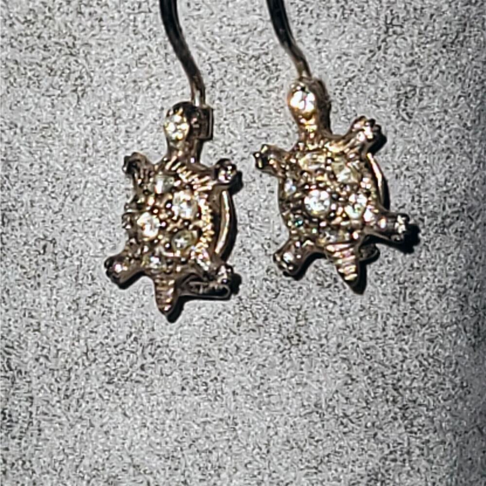 Super Cute Vintage Marsala .925 Sterling Silver Rhinestone Turtle Drop Earrings